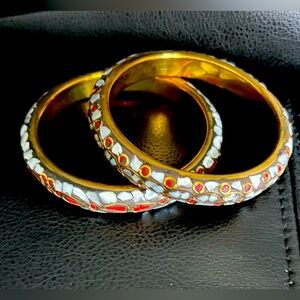 Pair of Beaded Bangle Cuff Bracelets in gold tone with White and Red Beads